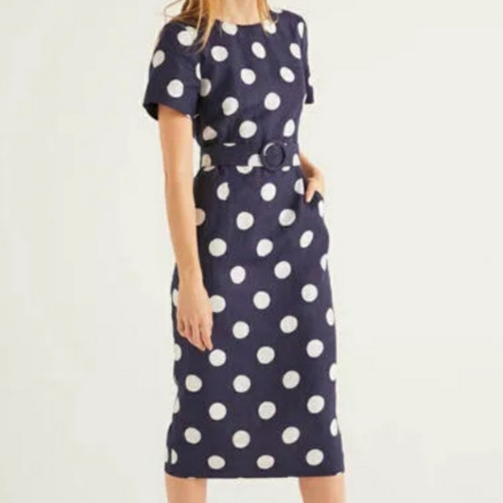 Boden hazel polka dot dress navy blue/white matching belted pencil midi wiggle